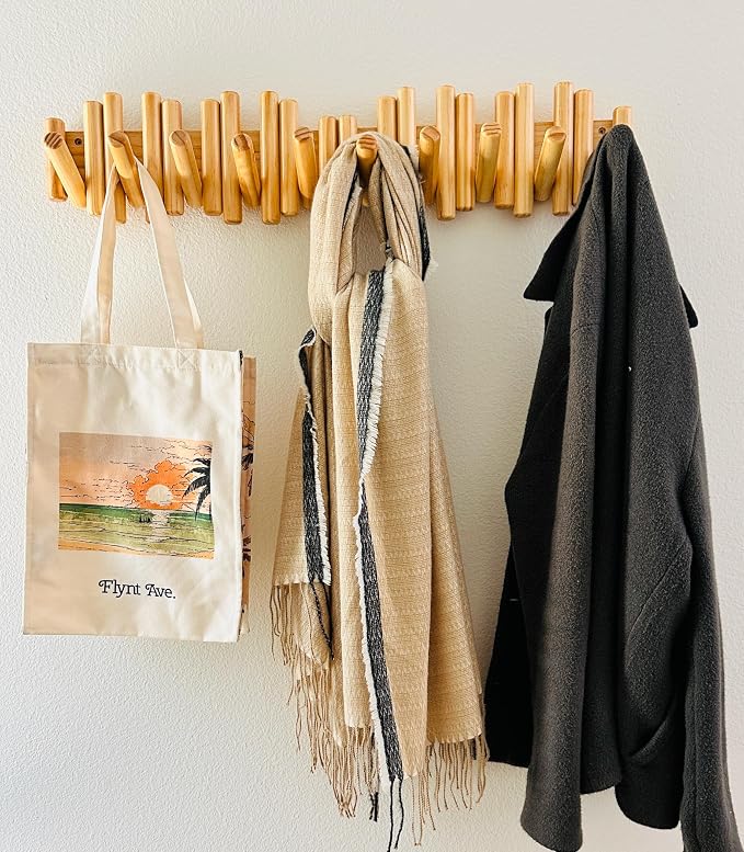 Modern Wooden Wall Mounted Coat Rack, 5-Hooks, Decorative Wall Hooks for Purse, Bags & Hats, Heavy Duty, Sturdy, Natural Pine Wood, Pull Down Hooks, Easy to Install