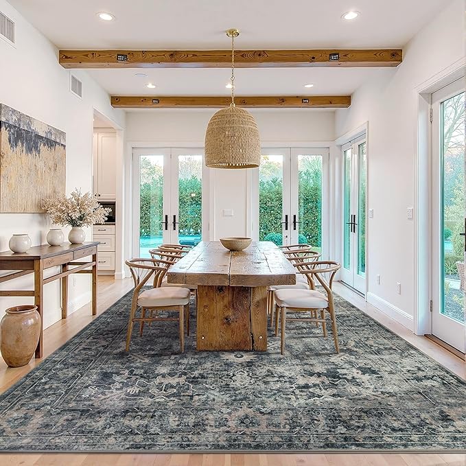 Rugxara 9x12 Area Rugs for Living Room Bedroom, Large Washable Rug, Blue Vintage Retro Boho Rug, Non Slip & Low Pile Faux Wool Thin Carpet for Indoor Dining Room and Kids Room(Blue 9x12ft)