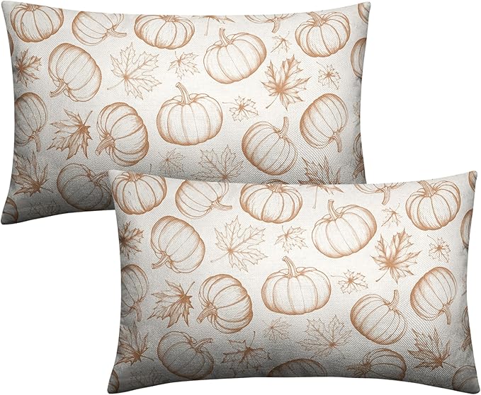 Fall Pumpkin Lumbar Pillow Covers 12x20 Set of 2 Burnt Orange Cream Maple Leaves Throw Pillow Covers Autumn Pillowcase Rectangular Cushion Case for Home Decor Outdoor Sofa