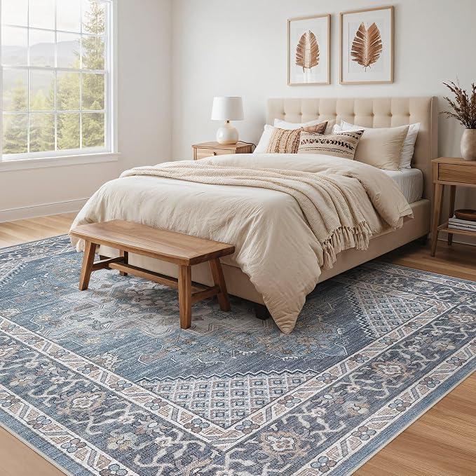 Tortania Area Rug Living Room Rugs - 10x12 Washable Boho Rug Vintage Oriental Distressed Farmhouse Large Thin Indoor Carpet for Living Room Bedroom Under Dining Table Home Office - Blue