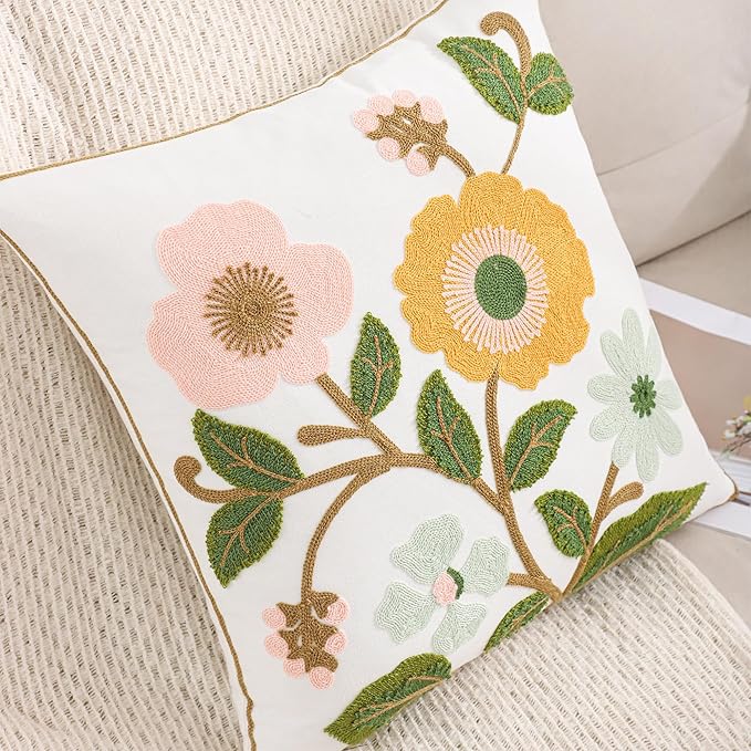 Spring Pillow Covers 18x18 Set of 2 Embroidery Throw Pillow Covers Yellow and Pink Flowers with Green Leaves Farmhouse Pillow Cushion Case Summer Foral Decorative Farm Pillowcases