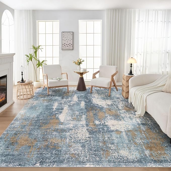 DMOYEST Area Rug Living Room Rugs - 9x12 Washable Large Soft Indoor Neutral Modern Abstract Low Pile Rug Carpet for Bedroom Dining Room Farmhouse Home Office - Blue Brown