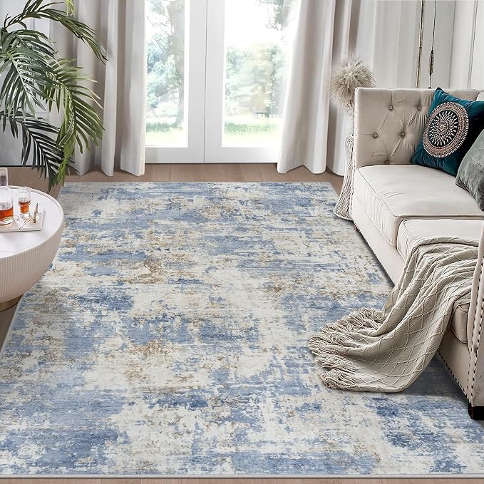 6x9 Area Rugs for Living Room Rug Washable: Modern Rug for Dining Room Bedroom Carpet Non Slip Low Pile 6 by 9 Indoor Abstract Nursery Home Office Blue