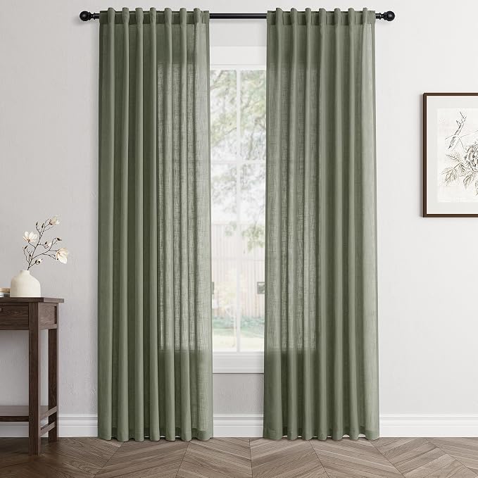 Jowels Olive Green Linen Curtains 80 Inch Long 2 Panels for Living Room | Loden Light Filtering Semi Sheer Curtain, Back Tab Pocket Pleated Look,Farmhouse Textured Privacy Drapes for Bedroom Window