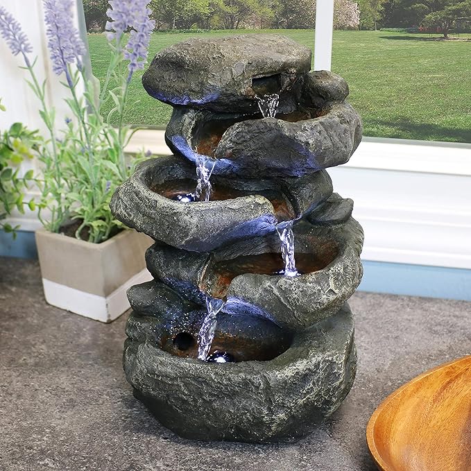Sunnydaze Tabletop Water Fountain - Stacked Rocks 10.5 Inch Relaxing Desktop Water Fountain with LED Lights - Office, Bedroom, Living Room