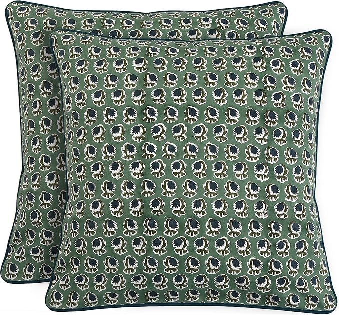 Ridhi Block Print Basil Green Pillow Cover 16" x 16" (Pack of 2) Decorative Couch Pillows for Living Room, Chic Boho Cute Outdoor Pillows Covers Gifts for Spring, Easter and Valentine