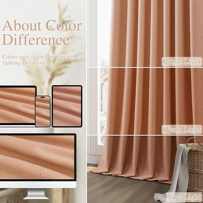 Guken 100% Blackout Curtains 90 Inch Length 2 Panels Set for Living Room Bedroom Back Tab Thermal Insulated Black Out Linen Drapes Room Darkening Peach Quartz,52x90