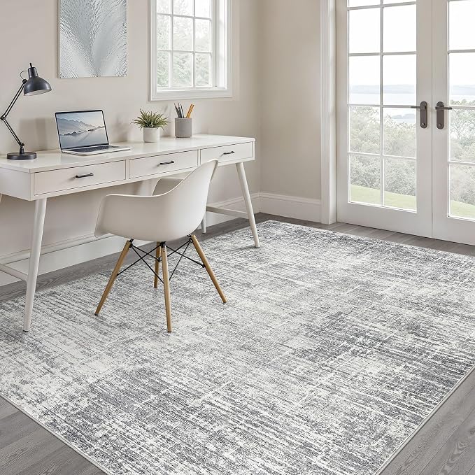 4x6 Rug Washable Area Rugs: Neutral Abstract Soft Modern Stain Resistant Small Indoor Floor Non-Slip Low Pile Throw Carpet for Entryway Kitchen Bedroom Nursery Kids Office Playroom Home House- Grey