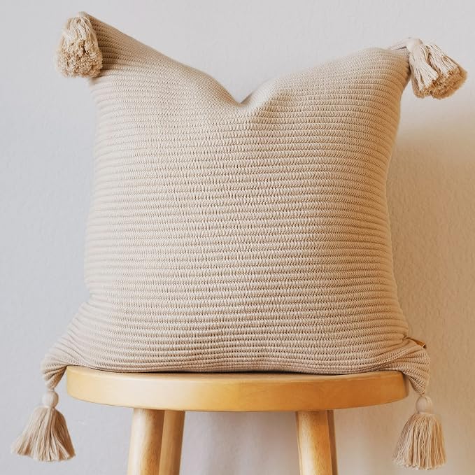 Soft Cotton Throw Pillow Cover in Neutral Beige with Ribbed Knit Texture and Tassel Corners Decorative Accent for Couch or Bed (20x20, Neutral)
