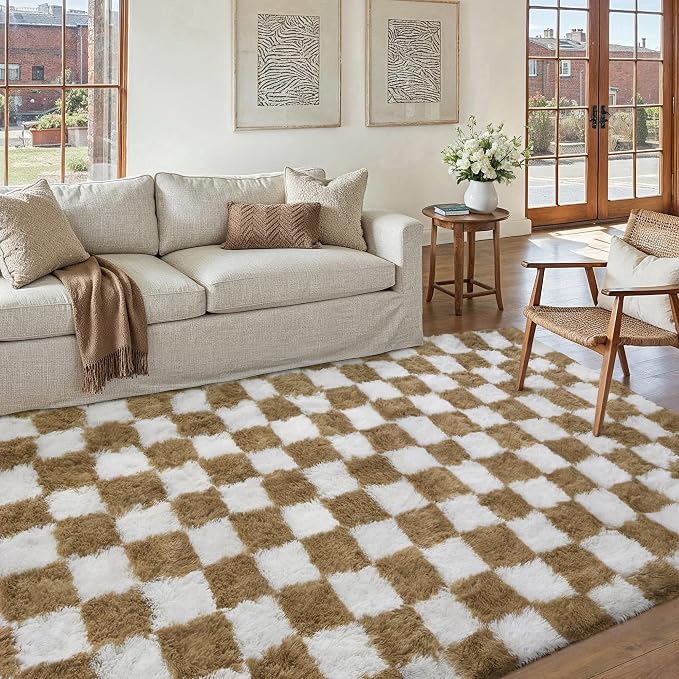 PureCozy 5x8 Area Rugs for Living Room Brown Soft Shag Checkered Large Rug Modern Washable Indoor Office Fuzzy Carpet Non-Slip Fluffy Rugs for Bedroom Nursery Dorm Playroom Home Aesthetic Decor