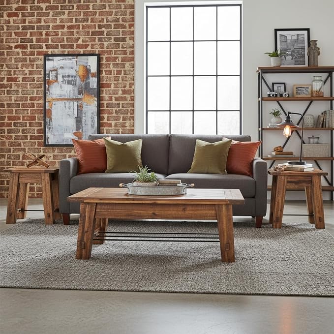 Alaterre Furniture Durango Solid Wood Coffee Table Set of 3, Rustic | Living Room Table Set Include 48-Inch Coffee Table and 2 27-Inch End Tables with Sturdy Metal Accents and Storage Shelf