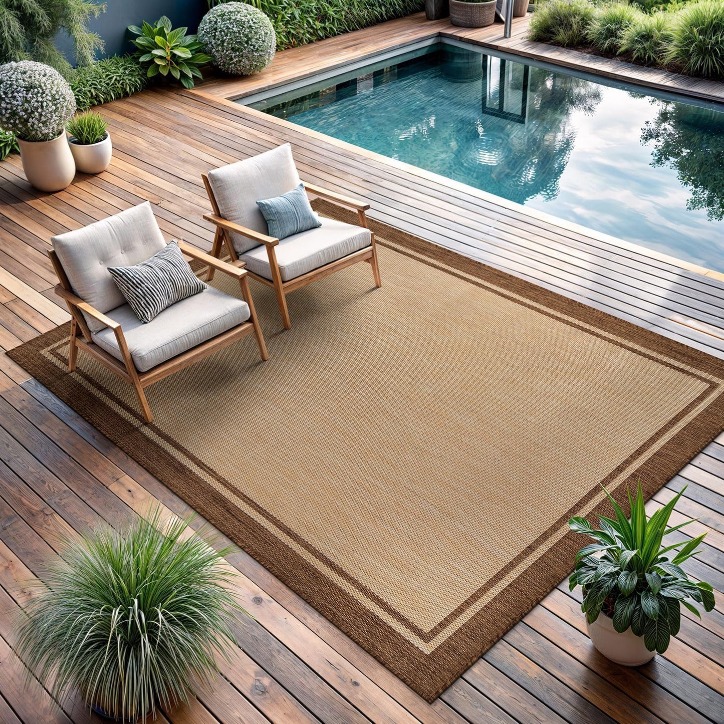 CAMILSON Outdoor Rug 8x10 Bordered Natural Brown Modern Area Rugs for Indoor and Outdoor Patios, Kitchen and Hallway Mats, Washable Porch Deck Outside Carpet (Border Jute, 8 x 10)