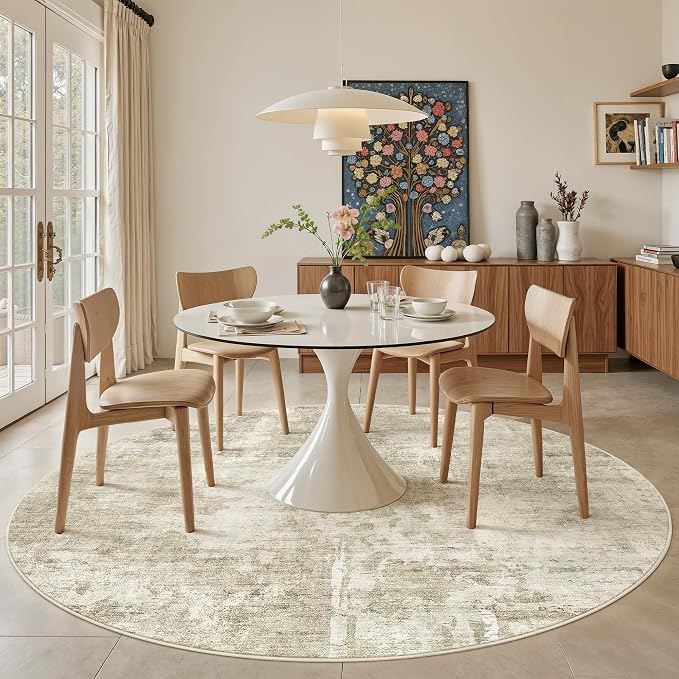 Soalmost 8x8 Beige Gray Round Rug 8ft Living Room Circle Rug Vintage Round Area Rug Non Slip Indoor Carpet for Apartment
