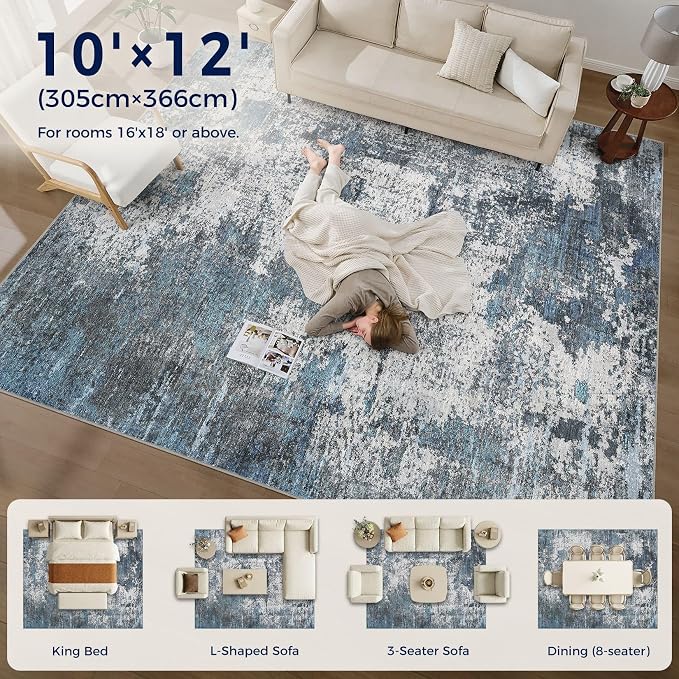 DMOYEST Area Rug Living Room Rugs - 10x12 Large Soft Indoor Neutral Modern Abstract Low Pile Washable Rug Carpet for Bedroom Dining Room Farmhouse Home Office - Grey Blue