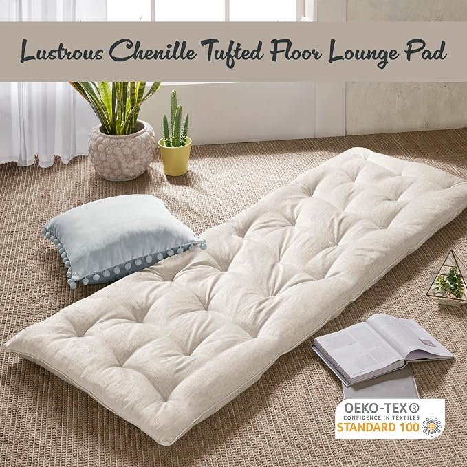 Intelligent Design Edelia Foldable Poly Chenille Light Weight Lounge Floor Pillow Cushion Tufted Seat for Meditation, Game Playing, Yoga, Reading with Travel Wrap, 74x27, Ivory