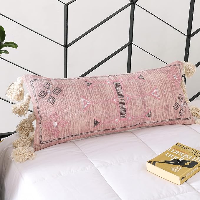 Extra Long Lumbar Pillow Cover (12 X 28 inches) | Hand-Woven Cactus Silk Pink Pillow Linen Cover | Rustic Décor Bohemian Cushion Cover | Farmhouse Cotton Pillow Case | Decorative Throw Pillow Dress