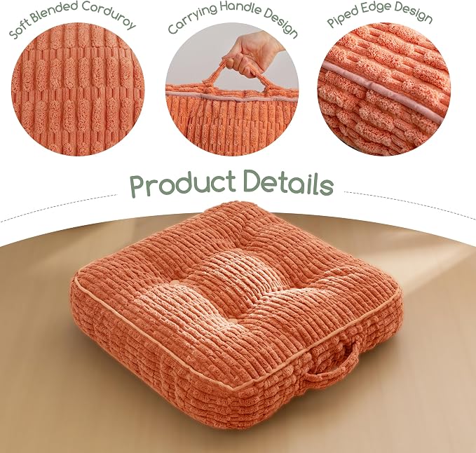 HIGOGOGO Floor Pillow Cushion for Adults, Meditation Cushion Pillow, Blended Corduroy Cover, Large Square Floor Sitting for Tatami Living Room or Yoga, 22x22 Inch, Coral