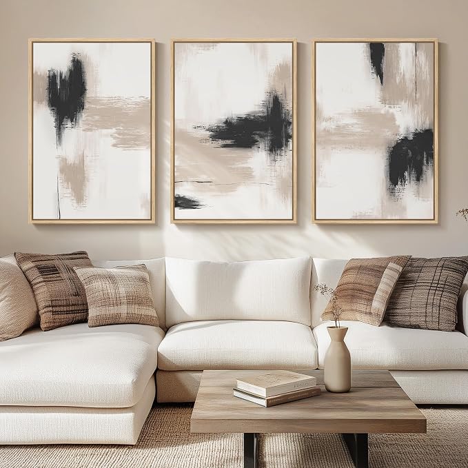 Large Framed Neutral Abstract Wall Art for Living Room, 3 Piece Modern Minimalist Canvas Prints Artwork for Walls, Extra Large Abstract Paintings for Dining Room Bedroom Hallway Wall Decor, 24x36 Inch