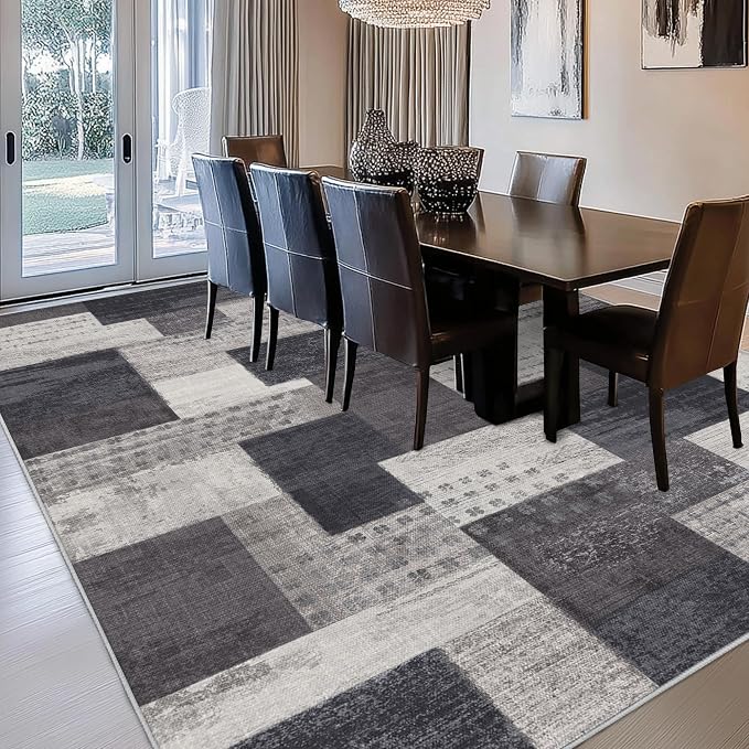 Modern Geometric Patchwork Indoor Area Rug for Living Room, Charcoal 9'x 12' Large Rug Rockwood Collection Hardwood Floors Decor for Bedroom, Grey Throw Carpet for Office Entryway Dining Room