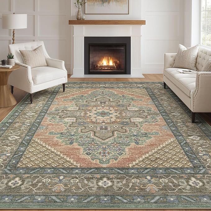 Tortania Area Rug Living Room Rugs - 8x10 Washable Boho Rug Vintage Oriental Distressed Farmhouse Large Thin Indoor Carpet for Living Room Bedroom Under Dining Table Home Office - Sage Terracotta