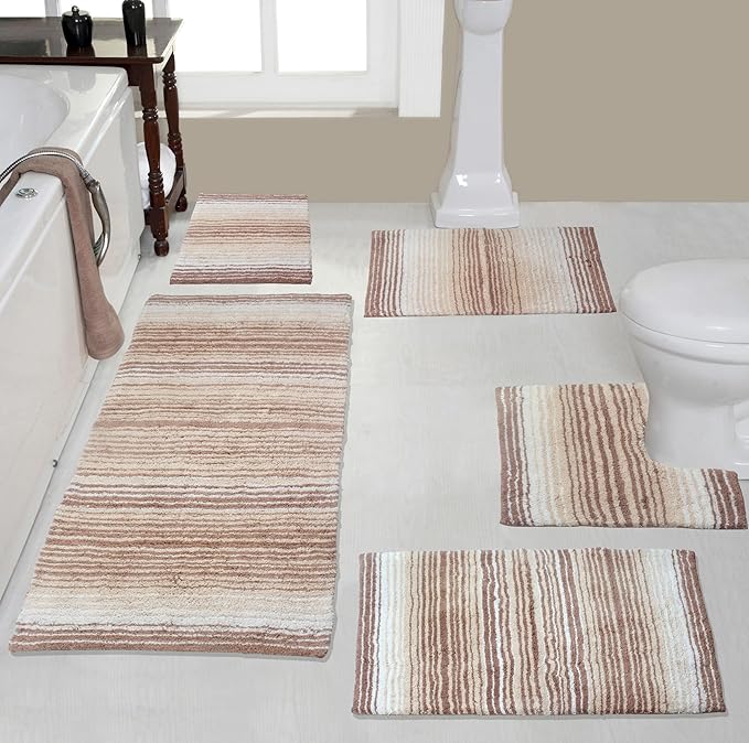 Home Weavers 100% Cotton Gradiation Collection Bathroom Décor | Washable Rug | Bathroom Mat | Kitchen Mat | Bathroom Rug Set | Bath Mat Set | Bath Floor Mat Non Slip, 5 Piece Set with Contour, Beige