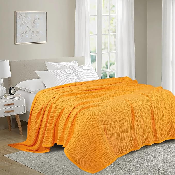 TreeWool Premium 100% Cotton Waffle Summer King Blanket (90"x108", Mustard) | 420 GSM Breathable Lightweight Moisture Wicking Soft Knit Thermal Blanket for Bed or Sofa All-season Comfort Machine Washable