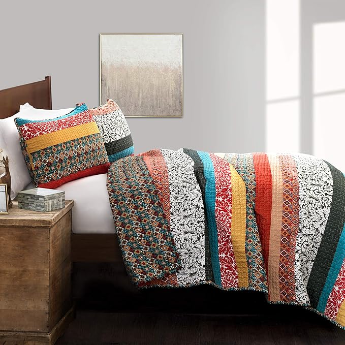 Lush Decor Boho Stripe Reversible Cotton Quilt 3-Piece Set, Full/ Queen, Turquoise & Tangerine - Bold Colorful Bohemian Bedding Set