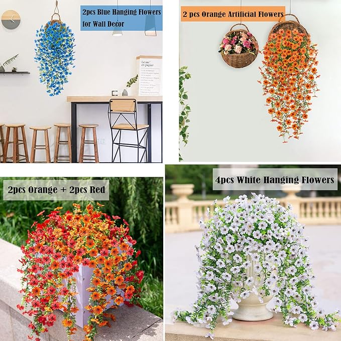 Ammyoo Artificial Hanging Flowers for Outdoors Faux Plants Decoration, 2 Packs Fake Silk Daisy Flower Realistic Outdoor Flowers UV Resistant Porch Patio Window Yard Outside Decor(White)