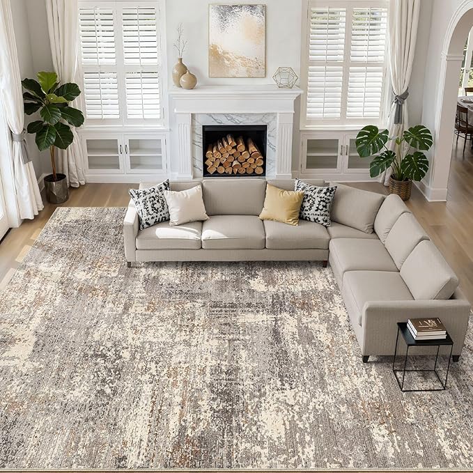 LOONGRUG 10x13 Brown Gray Abstract Area Rug