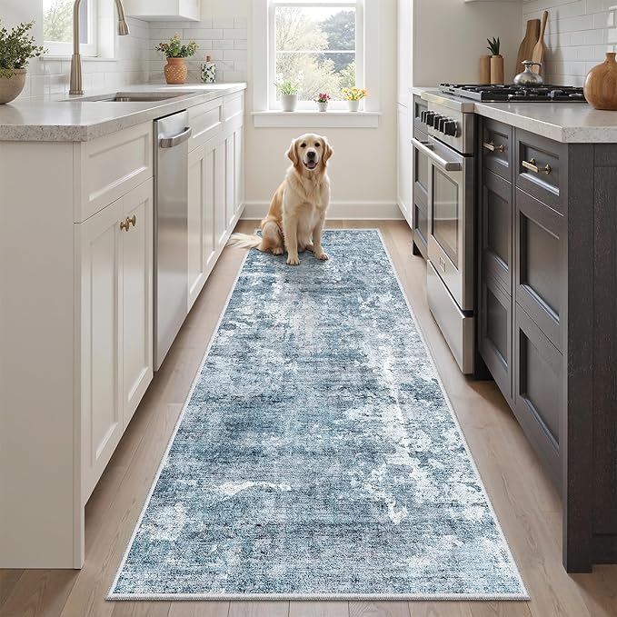 Soalmost Runner Rug 2'x6' Abstract Washable Non-Slip Runner Rugs for Kitchen Bathroom Laundry Room Blue Vintage Floor Carpet Runners for Hallway Entryway