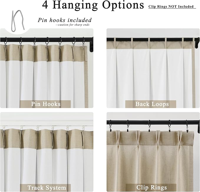 Central Park Sand Pinch Pleated Light Filtering Curtain Panel 108 Inches Linen Blended with Microfiber Liner Textured Window Treatment Sets for Living Room Bedroom with Back Tabs Hooks, 40"L x108"W x2