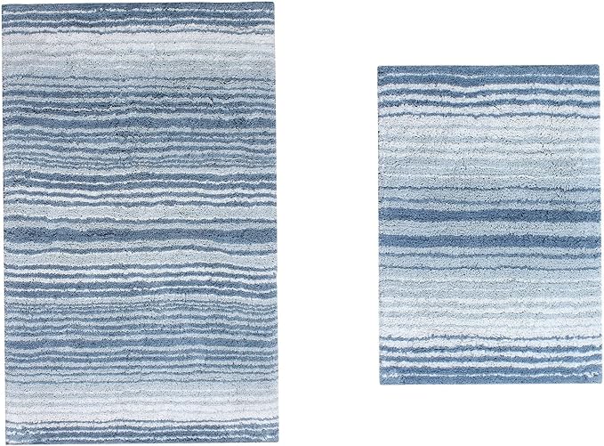 Home Weavers 100% Cotton Gradiation Collection Bathroom Décor | Washable Rug | Bathroom Mat | Kitchen Mat | Bathroom Rug Set | Bath Mat Set | Bath Floor Mat Non Slip, 2 Piece Set(S+M), Blue