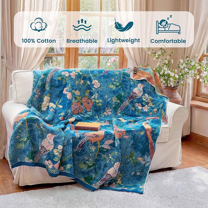 MSGKV Boho Throw Blanket for Couch 50"x60" Cotton Blanket with Floral and Bird Summer Breathable Lightweight Farmhouse Decorative Blankets for Sofa Muslin All Seasons