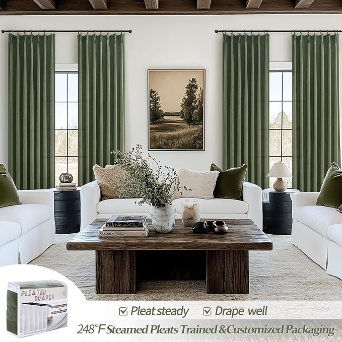 PleatedDrapes Vintage Moody Green Lodon Curtains for Living Room, Linen Blend Semi Sheer Pinch Pleated Drapes 108 Inches Long 2 Panels Set Light Filtering Privacy Window Olive Dark Academia Decor