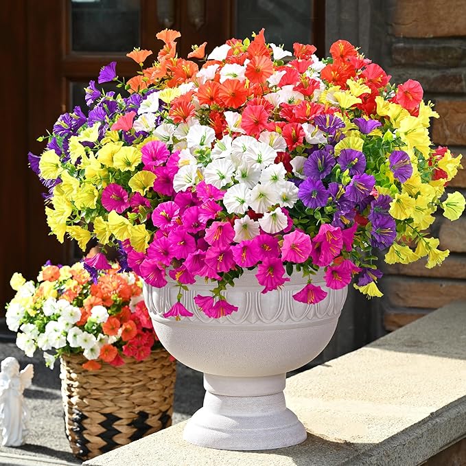 Waipfaru 24 Bundles Artificial Flowers for Outdoors Faux Plants Outdoor, UV Resistant Artificial Plants Outdoor, Silk Petunias Fake Flowers for Outside Home Decor Planter Porch Decoration, Mix Color