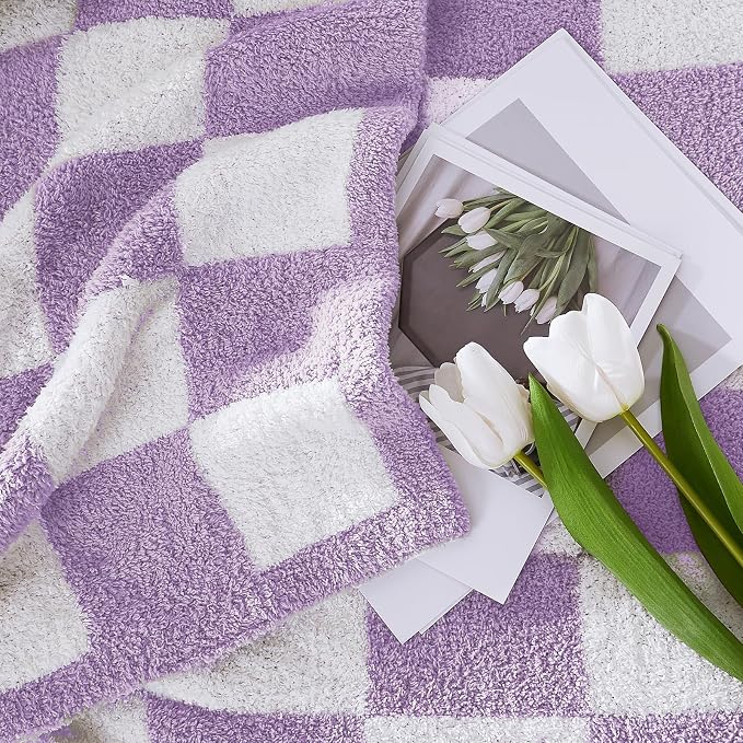 WRENSONGE Soft Checkered Throw Blanket for Couch-Cozy Warm Knitted Blankets | Lightweight Warm Fluffy Decor for Women, Mom, Her & Girls, Sofa, Chair, Bed, 50x70in, Purple
