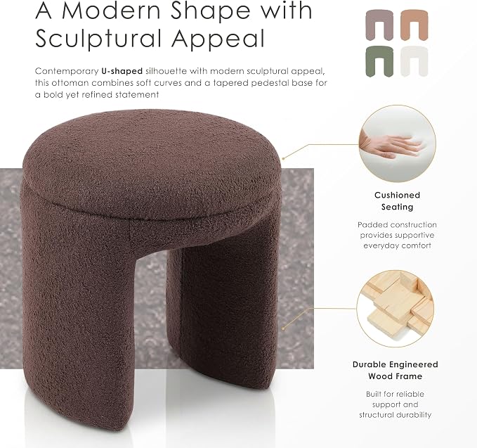 Furniture of America Rami Modern 18-inch Solid Wood Upholstered Ottoman with Pedestal Base, Vanity Stool Chair, Small Foot Stool for Bedroom, Living Room, Entryway, Beige