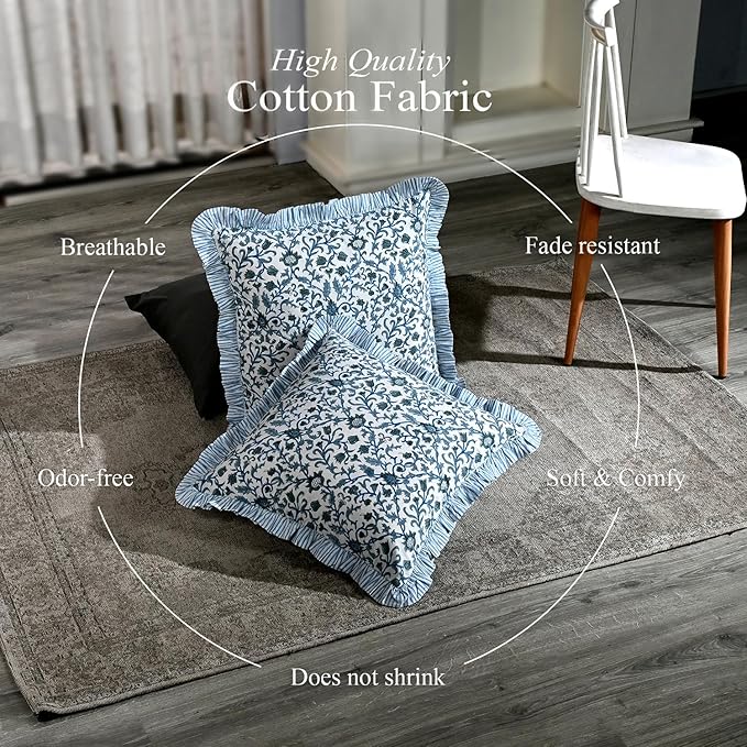 CPC Ocean Vine Hand Block Print 100% Cotton Ruffle Throw Pillow Cover 24x24 inch with Hidden Zipper Decorative for Couch, Bed, Sofa, Farmhouse, Cottagecore Decor Gift Christmas Fall Thanksgiving