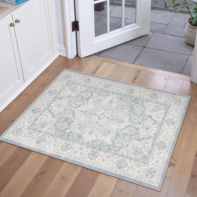 HUGEAR 2x3 Washable Area Rug for Living Room Bedroom Blue Vintage Soft Carpet Small Rug Non-Shedding & Non-Slip Indoor Home Decor Dining Laundry Room Kitchen Floor Mat
