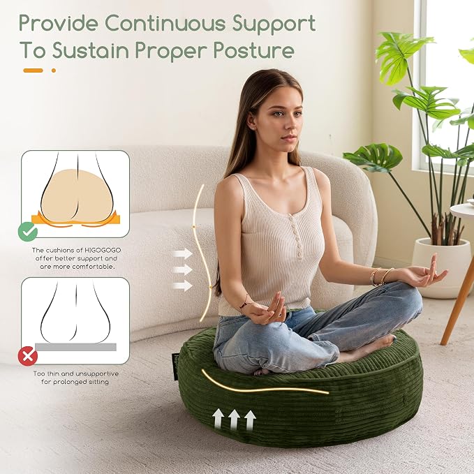HIGOGOGO 6" Extra Thick Floor Pillow Cushion for Adults, Meditation Cushion Pillow, Large Round Floor Sitting, Tufted Corduroy Cover, for Tatami Living Room or Yoga, 22x22 Inch, Dark Green
