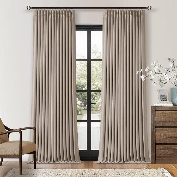 TWODRAPES 92 Inch Long Pinch Pleated Blackout Curtains for Bedroom Living Room Linen Blend 100% Blackout Sliding Door Curtains, Cozy Modern Privacy Protection Curtains 92 Inches Burlywood Birch