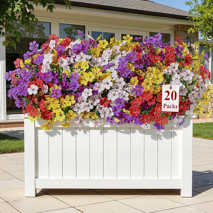 Alupssuc 20 Bundles Artificial Flowers for Outdoor Indoor Decoration, UV Resistant No Fade Fake Plants Eucalyptus, Colorful Faux Spring Flowers for Outside Yard Porch Patio Garden Home Window Box