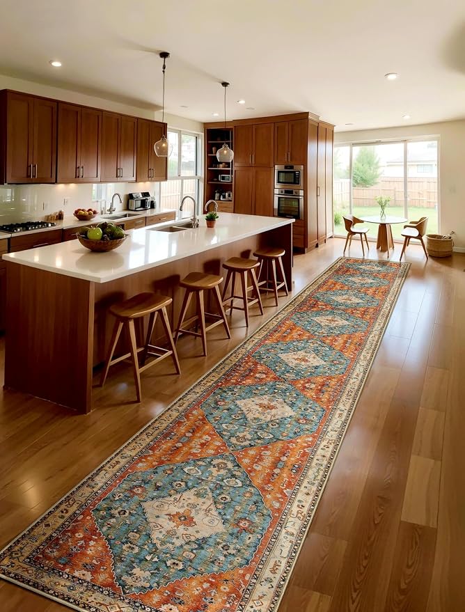SERISSA Runner Rug for Hallways, 2'6"x18' Washable Non Slip Kitchen Runner Rug, Extra Long Boho Rug Ultra Soft Vintage Tribal Print Floor Carpet for Hallway Living Room Dining Room Bedroom