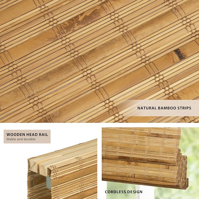 LazBlinds No Tools No Drill Cordless Bamboo Roman Shades, Light Filtering Window Treatment, Roll Up Bamboo Blinds for Windows 26'' W x 64'' H, Dali Native