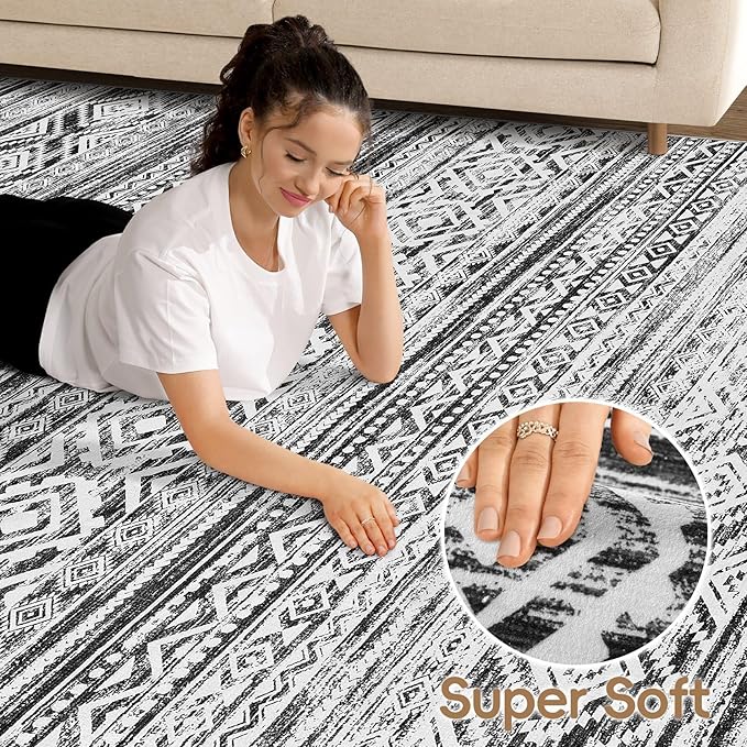 cotiled 9x12 Area Rug Living Room: Washable Boho Rugs with Non Slip Backing Large Soft Indoor Stain Resistant Carpet for Bedroom Farmhouse Dining Room Lightweight Home Decor White/Black