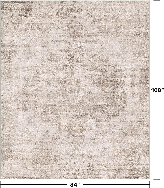 Hazo Haus Neutral Farmhouse Area Rug for Bedroom - 7x9 Washable Rug for Dining Room Table, Ultra-Thin Soft Textured Boho Abstract Indoor Decor, Fade & Stain Resistant