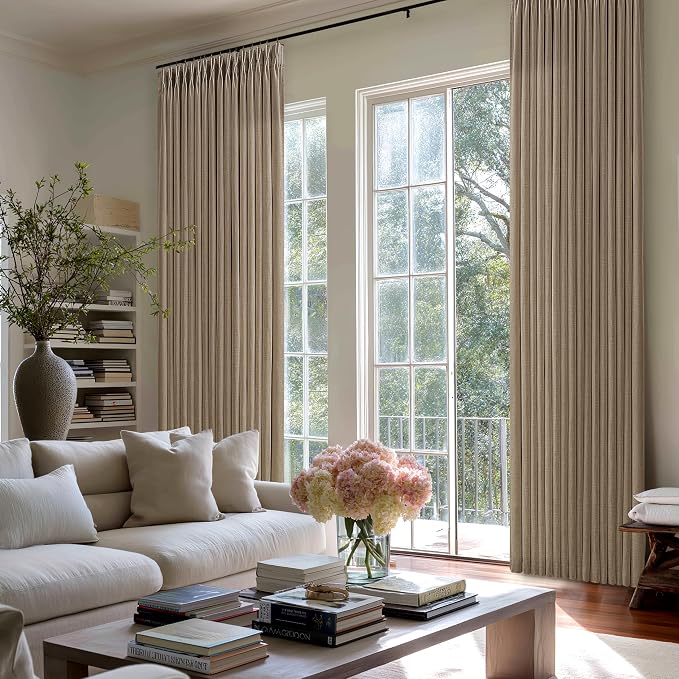 Thick Linen Pinch Pleated Curtains 96 Inches Length 2 Panels for Living Room Tan Brown Latte Country Light Filtering Curtain for Track System Back Tab Window Drapes for Dining Room Bedroom W50xL96