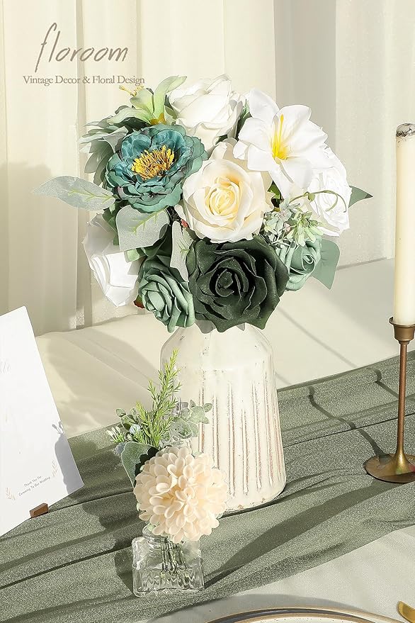 Floroom Sage Green Artificial Flowers Fake Roses Peonies Dahlia Greenery Combo Box Set for DIY Wedding Bouquets Bridal Shower Centerpieces Floral Arrangements Party Tables Home Decoration