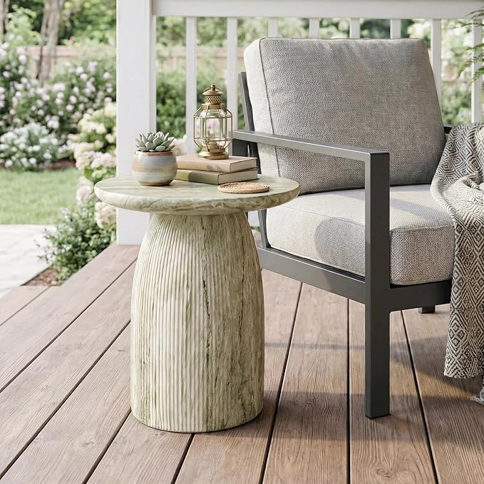 24/7 Shop at Home Ranera Modern 17-inch Natural Stone Side Table with Round Pedestal Base, Marble Nightstand, Fluted Patio End Table, for Living Room, Covered Outdoor Spaces, Balcony, Green Travertine