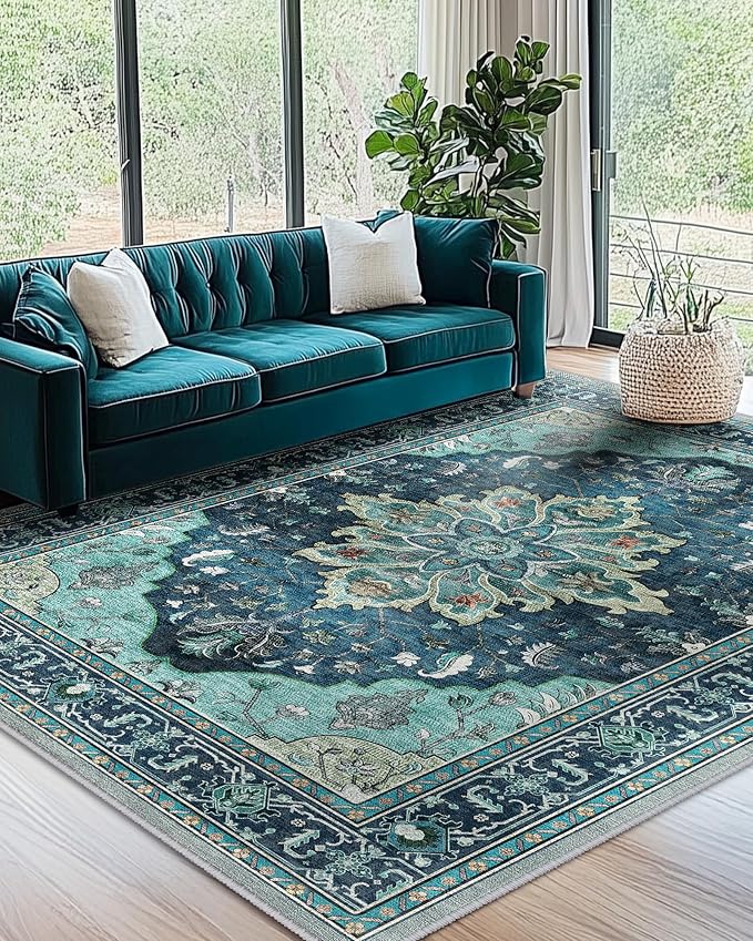 RELEANY Area Rugs 7'x9' Washable Non-Slip, Floral Vintage Distress Print Pattern Medallion Carpet for Living Room Bedroom Dining Room, Teal Green Lake Blue Turquoise